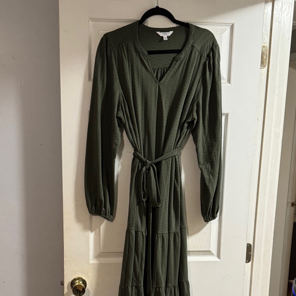 Olive Green Long-Sleeve Tiered Dress with Waist Tie